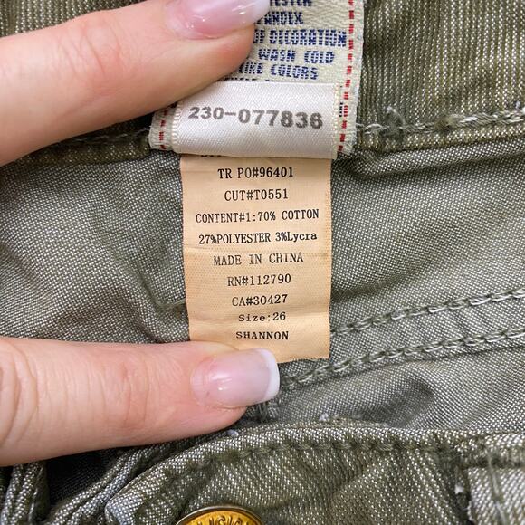 True Religion Olive Green Corduroy Pants Womens 26 Ankle Distressed Low Rise - Picture 8 of 10
